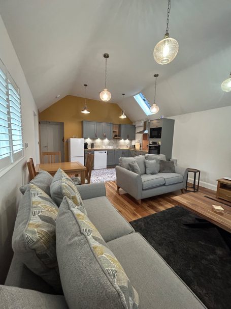 Modern living room with a grey sofa, wooden floor, and kitchen in a warm-toned setting.