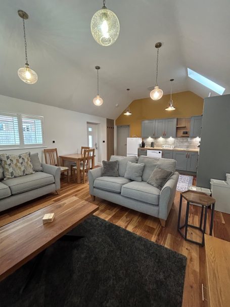 Bright, modern living space with seating, dining area, and open kitchen. Warm wood accents.